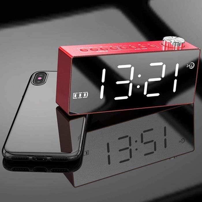 Réveil Bluetooth Horloge Miroir LED - Haut-parleur, Radio FM, Double Alarme, Batterie 1600mAh