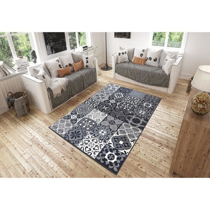 Tapis Salon Patchwork Carreaux Ciment Gris Debonsol 80x150cm