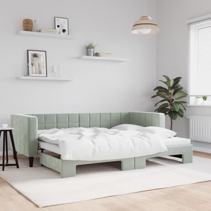 Lit de jour avec lit gigogne - SALUTUYA - BD7847 - Velours gris clair