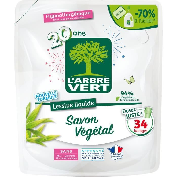 LOT DE 2 - L'ARBRE VERT - Recharge lessive liquide savon végétal 33 lavages - recharge de 1,5 l