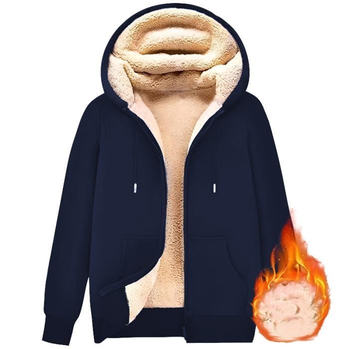 Veste peluche à capuche pour homme REMYCOO bleu manteau chaud