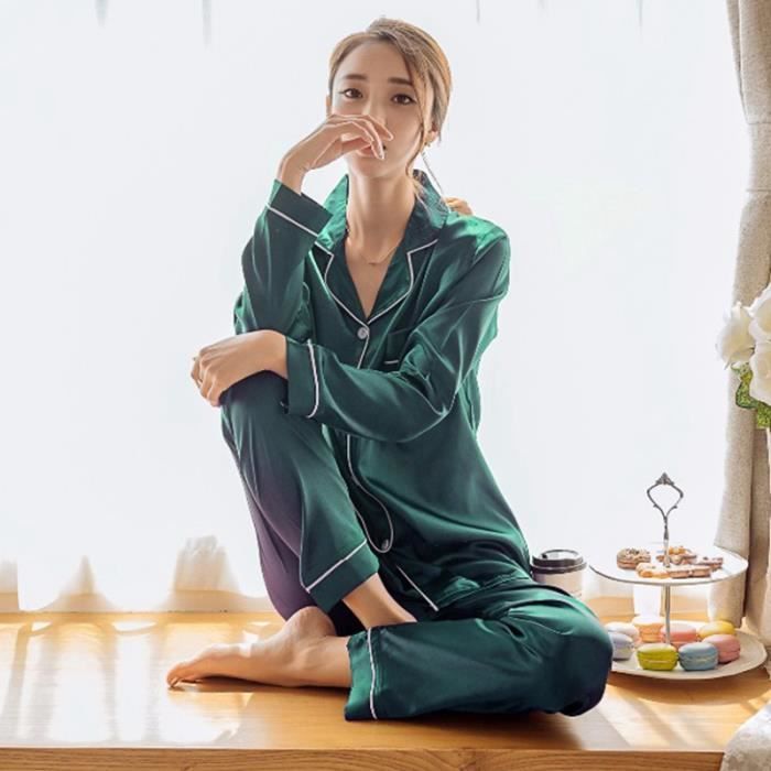 Pyjama en soie long,Pyjama en satin pour femmes |, ensemble deux pièces ...