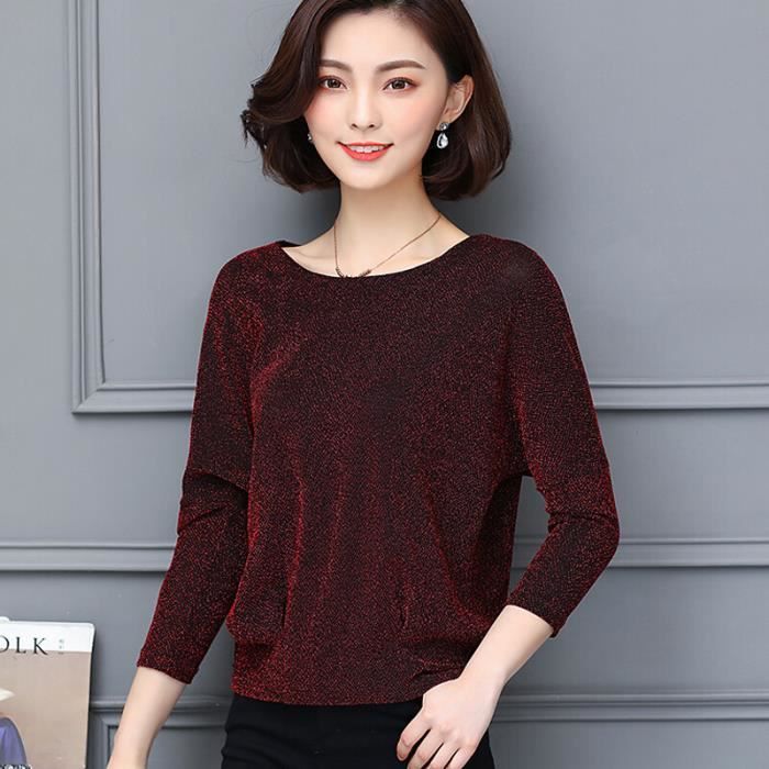 Haut Paillettes Femme Soirée à Manches Maille Chemisier Femme Chic