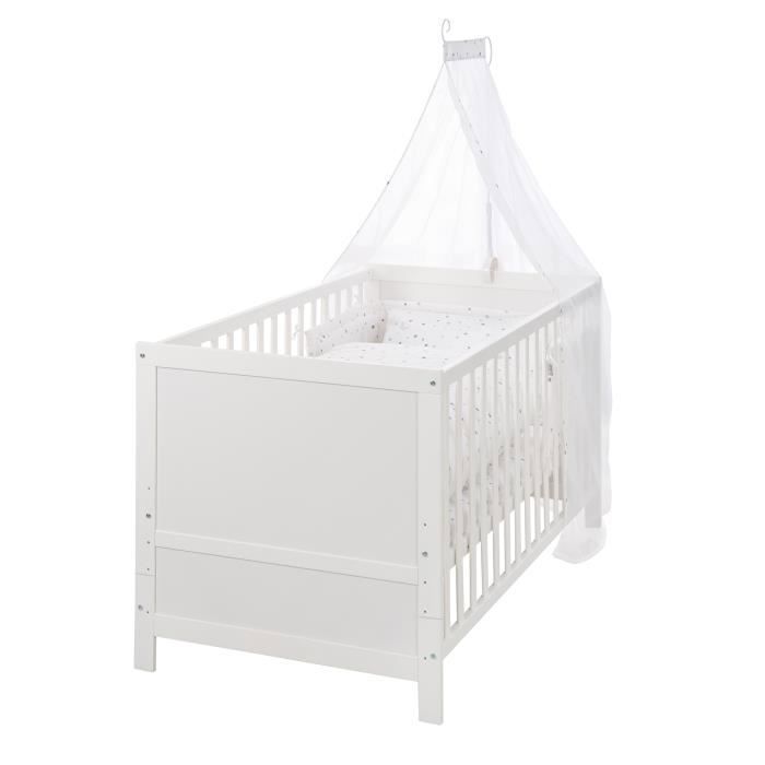 ROBA Lit Bébé Évolutif Complet 70 x 140 cm - Matelas et Textiles Inclus - Hauteur Réglable - Bois Blanc