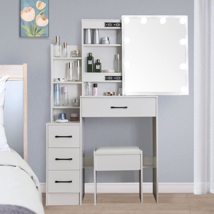 Coiffeuse Vicco Klara Blanche Avec Miroir Et Banc – Table De Maquillage Moderne