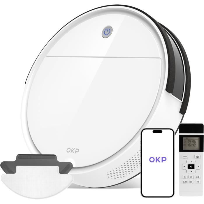 OKP Robot aspirateur K2, 2100 Pa, Autonomie 120 Minutes, Design Ultra-Fin et Silencieux, 4 Modes de Nettoyage, Anti-emmêlement, WiFi/App/Alexa, Idéal pour Les Poils d'animaux, Sols et moquettes, Bleu