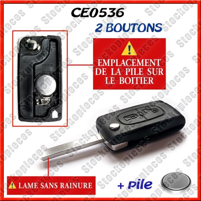 CLE TELECOMMANDE PLIP CLEF COMPATIBLE PEUGEOT 107 207 307 308 407 PARTNER EXPERT 2 BOUTON / CE0536 / LAME SANS RAINURE + PILE