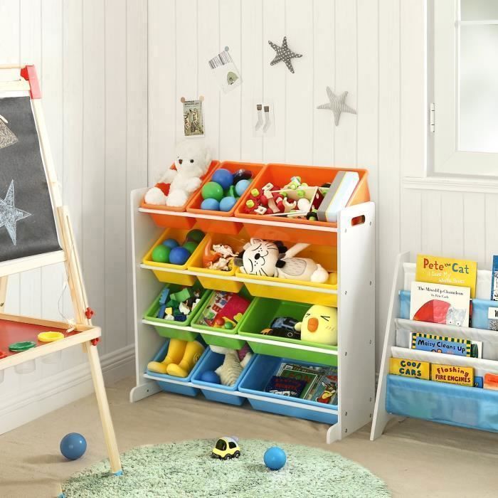 Etagere Pour Jouets Enfants Meuble De Rangement 86 X 26 5 X 78 Cm L X L X H Casiers Amovibles Cadre Blanc Gkr04w Songmics Cadre Blanc Boite Orange Jaune