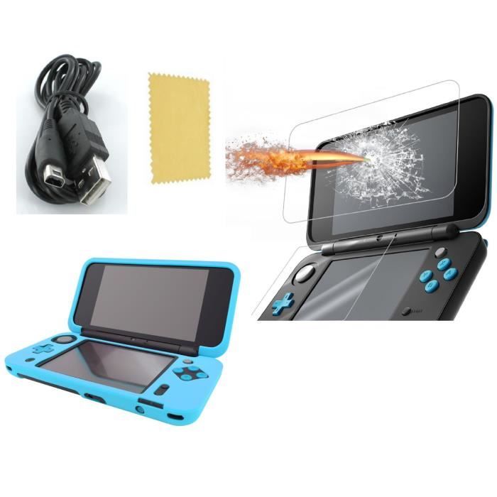 Pack 3 en 1 Nintendo New 2DS : Housse silicone Chargeur USB Protection écran verre trempé