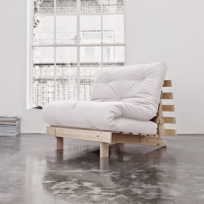 Pack Matelas Futon Ecru Coton Structure en Bois Naturel 140x200