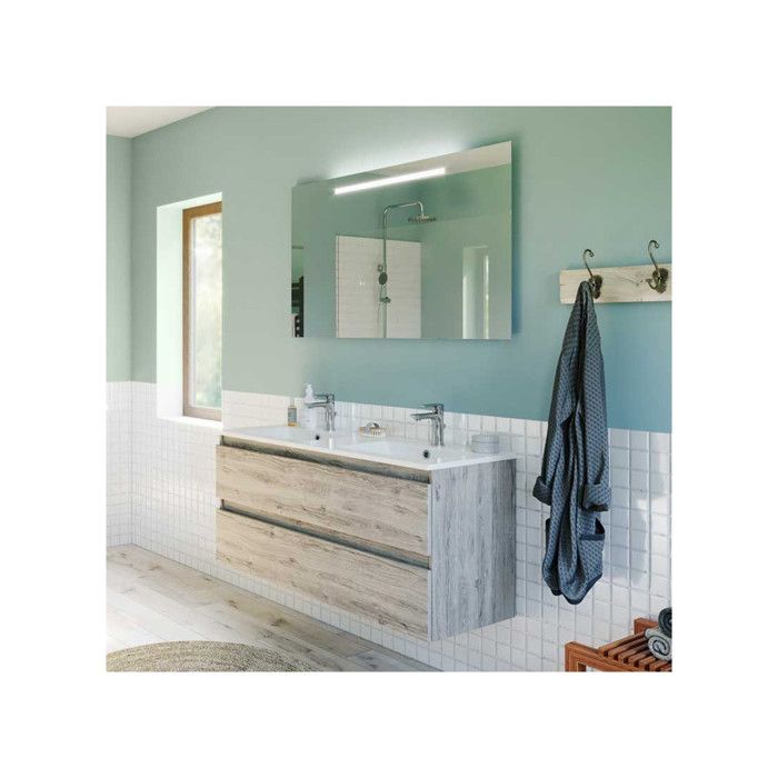 Ensemble meuble salle de bain - WADERN - L 120 x l 46 x H 56 - Bois Gris -  Double vasque - Miroir LED