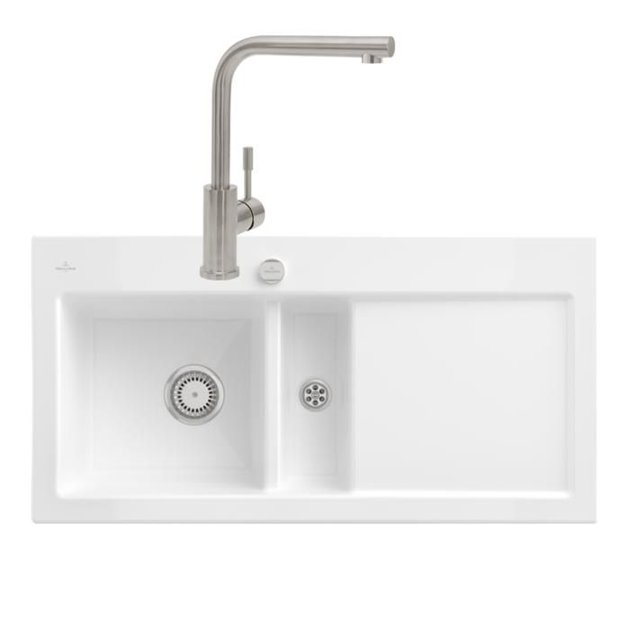 Evier VILLEROY ET BOCH Subway Pure 60 1 bac et demi égouttoir à droite vidage auto + Robinet Modern Steel Acier Massif - vue 6