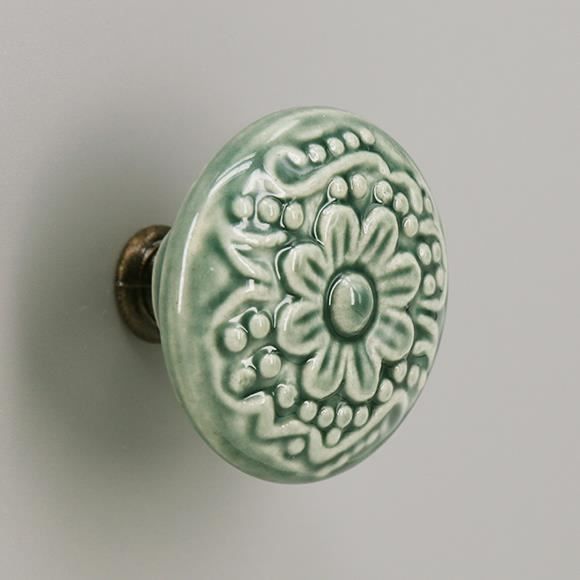 Poignée De Porte En Porcelaine Et Bronze - Décor Fleuri - Meuble, Commode, Coffre