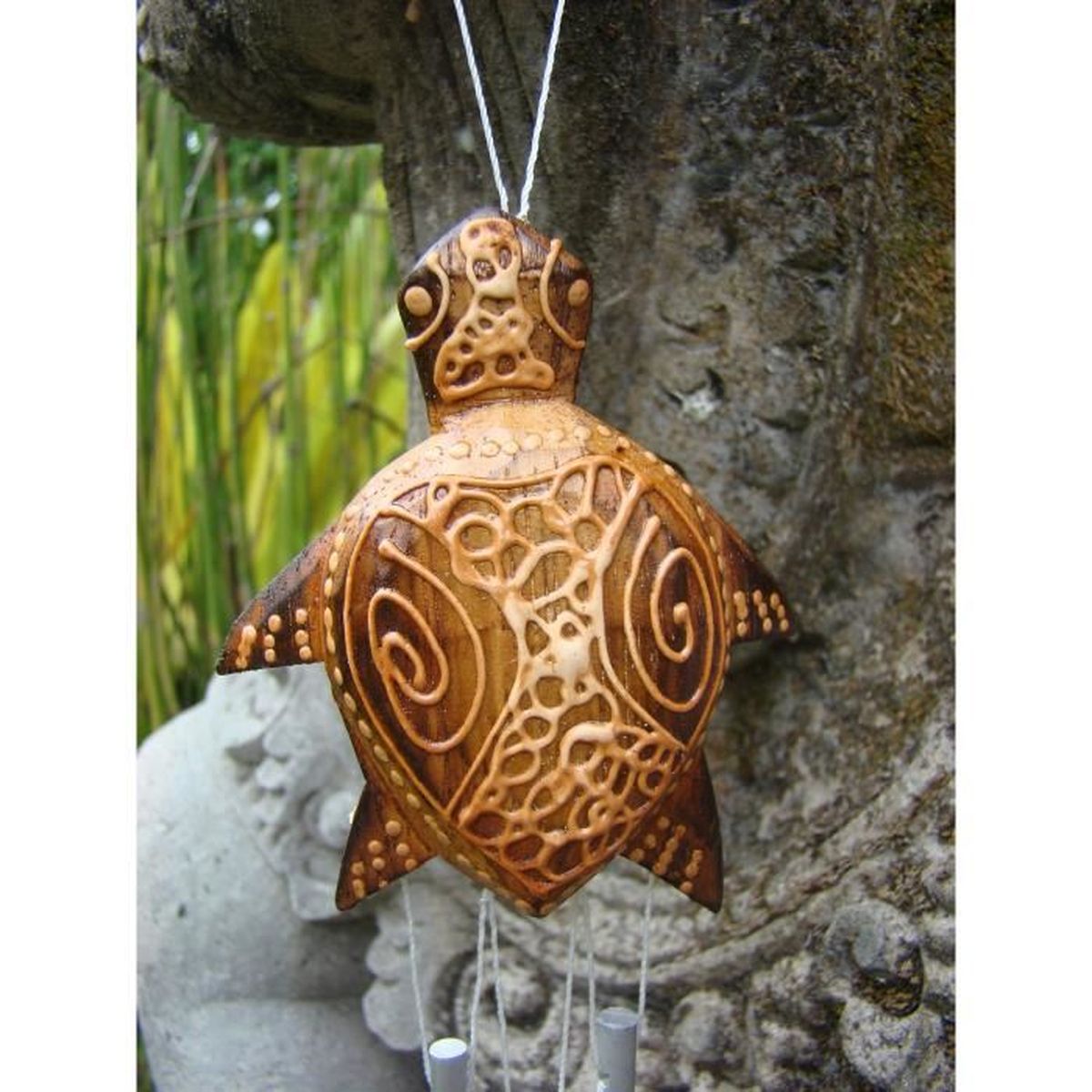 Carillon mobile tortue en bois et métal déco zen motif fleur rose Indonésie Bali 