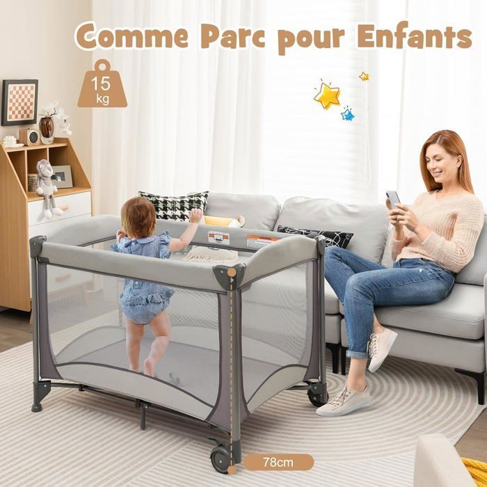 Lit Parapluie Pliable 6 En 1 GOPLUS - Avec Table à Langer, Couffin, Jouets, Boîte à Musique - Pour Bébé 0-36 Mois - Capacité 15 Kg - 11