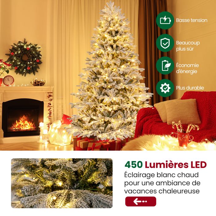 Sapin De Noël Illuminé Avec Effet Neige | 450 LED Blanc Chaud | Branches Réalistes | 215 Cm – Déco Festive Magique