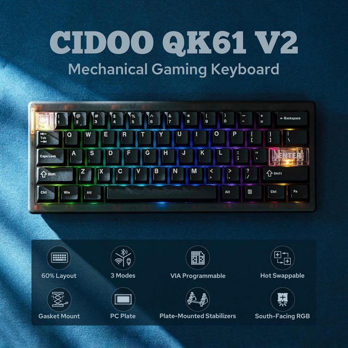CIDOO QK61 V2 Via Clavier de Jeu Programmable 60% Sans Fil ...