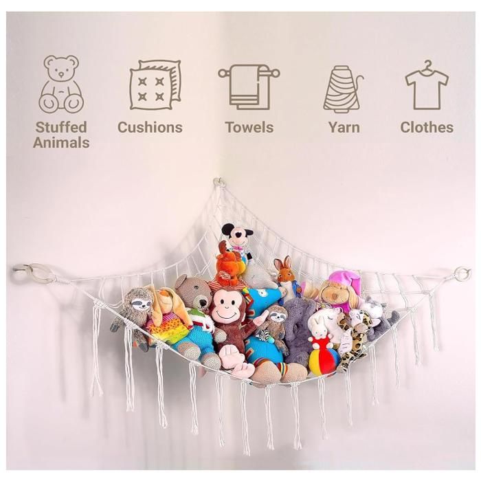 Rangement Peluches Filet Murale 4 Étagères Style Bohème | Avec Pinces En Bois, Pour Chambre Enfant, Gain De Place