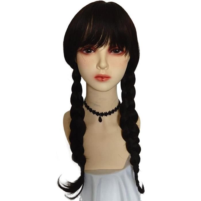 Perruque Mercredi Addams Tressée Noire - Longueur 25,2 Pouces - Pour Cosplay, Halloween, Carnaval