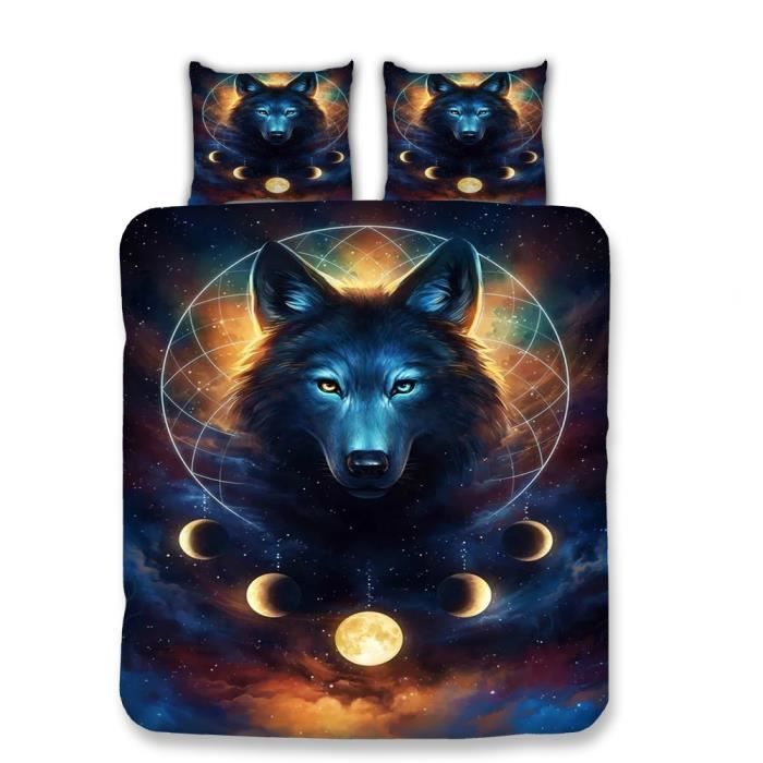 Housse De Couette 90x190 Cm + 2 Taies - Coton Microfibre - Motif Lune Loup Fantastique - Bleu - Fermeture Éclair