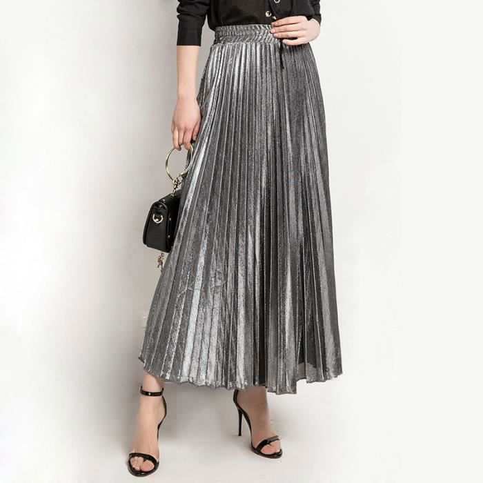 Jupe longue plissee en argent Charismatic Silver Taille haute Ligne A Vintage Blanc Cdiscount Pret a Porter
