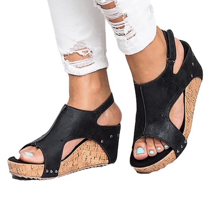 Sandales Femme MINETOM Talon Compens Noir t R tro Noir
