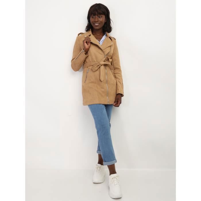 Veste mi longue style biker en suedine Camel Cdiscount Pret a Porter