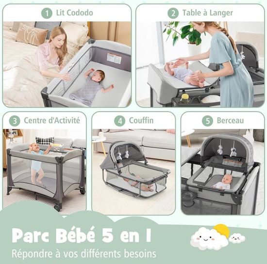 Lit Bébé 5 En 1 GOPLUS - Parapluie Pliable Avec Table à Langer, Berceau Et Espace Jeu