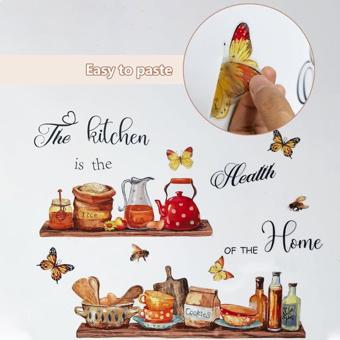 Stickers Muraux Cuisine Papillons Et Ustensiles Vookkp - Autocollants PVC 30x60 Cm, Déco Facile à Poser