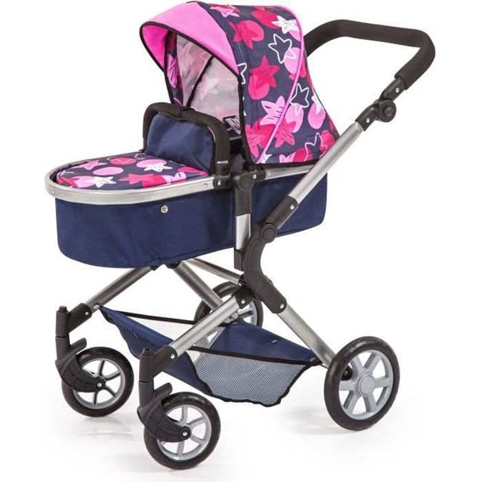 BAYER Landau pour poupée Neo Star bleu et étoiles roses avec sac à bandoulière et panier d'achat intégré - convertible poussette