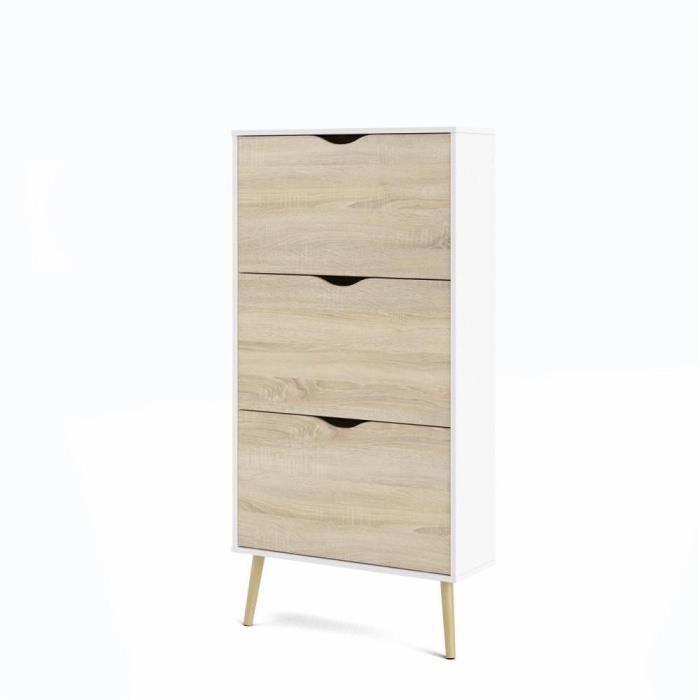 Meuble à chaussures - Décor Blanc et chêne - 12 paires - Style scandinave - L702 x P239 x H1389 cm - ARO