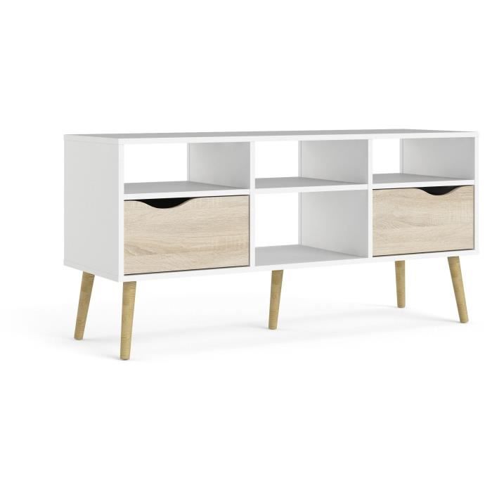 Meuble TV - 4 niches 2 tiroirs - Blanc / Chêne - 1172 x 391 x 574 cm ARO