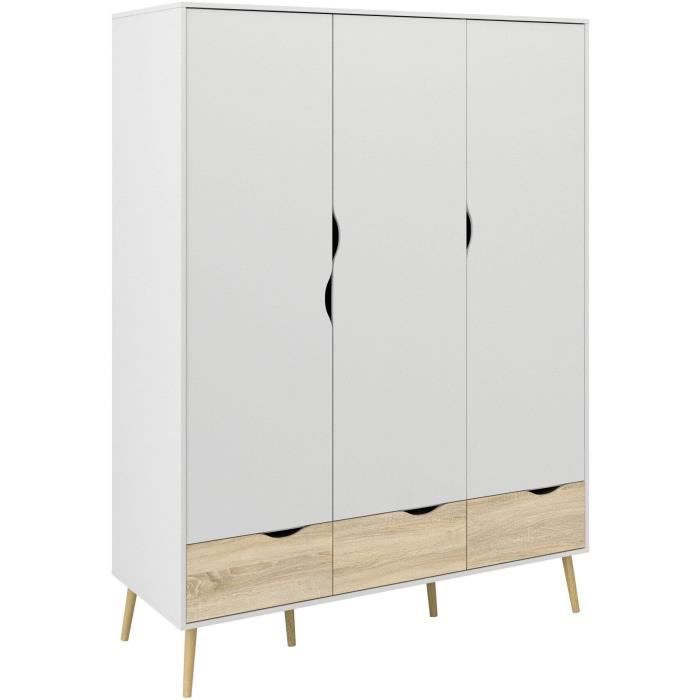 Armoire - Blanc / Chêne - 3 portes / 3 tiroirs - Piètement évasé en bois massif - Chambre - 147 2 x 58 1 x 200 1 cm ARO