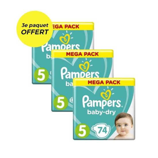 PAMPERS Baby Dry Taille 5 - 11 à 23kg - 222 couches - Format Mega x3