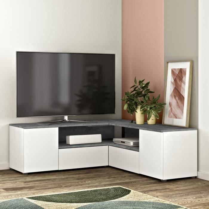 Meuble TV D'angle 4 portes - Effet béton et blanc - L 130 x P 130 x H 46 cm - SYMBIOSYS