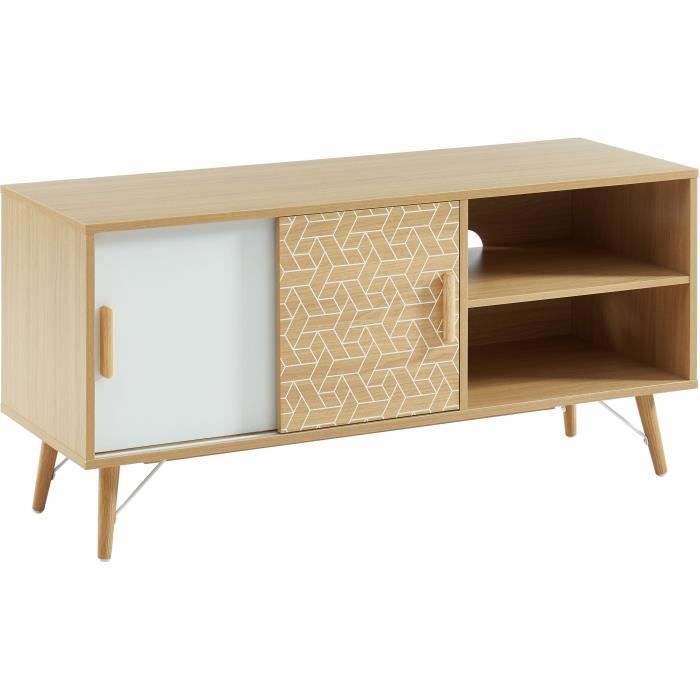 Meuble TV 2 portes - Décor chêne et blanc - L 116 x P 39.5 x H 55 cm - LOUISA