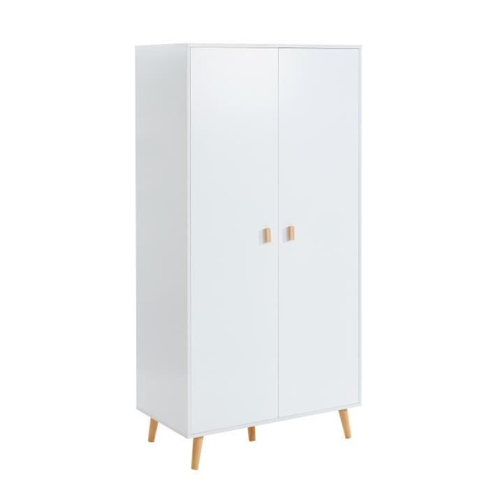 PAULINA Armoire de chambre enfant scandinave blanc laqué mat + pieds en bois pin massif - L 90 cm