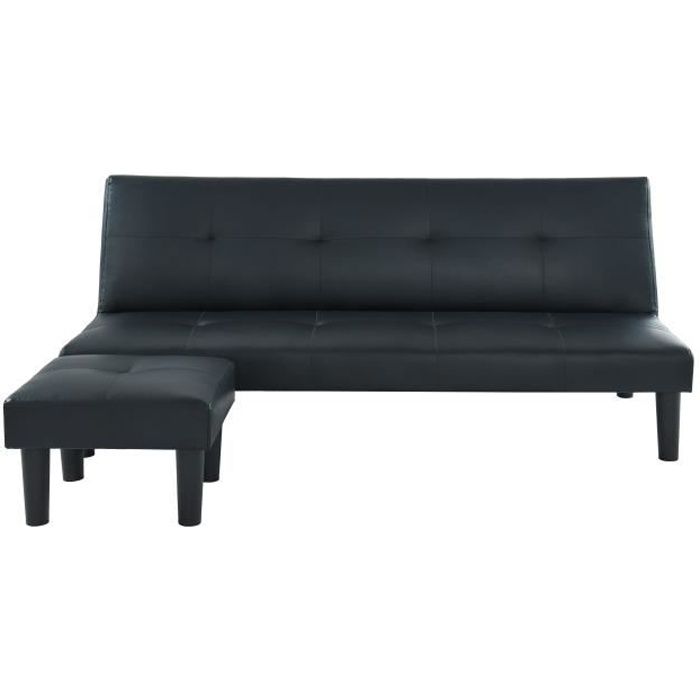 JIMMY Clic clac + pouf en simili cuir noir L180 x P85 x H75 cm & 50 x 50 x 34,5 cm.