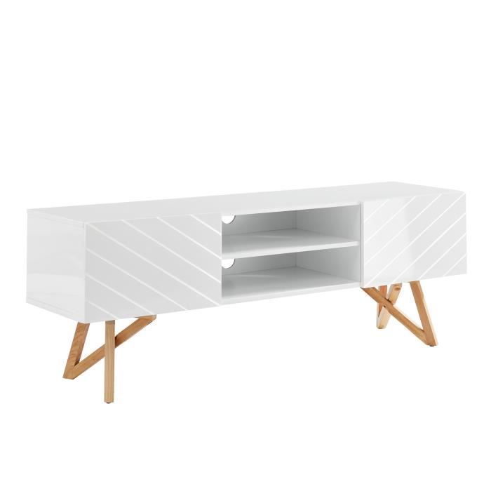 LULEA Meuble TV scandinave blanc laqué brillant - L 160 cm