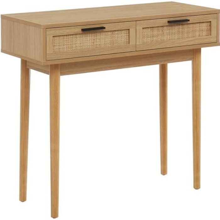 Console 2 tiroirs avec cannage naturel - Décor imitation bois - L 90 x P 35 x H 80cm - AMANA
