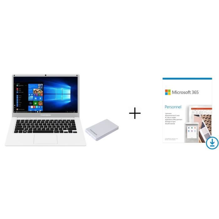 Pack THOMSON PC Portable TH14A64W120 - 14,1- HD - 4Go - 64Go SSD - Disque Dur Externe 120Go + Microsoft 365 Personnel à télécharger