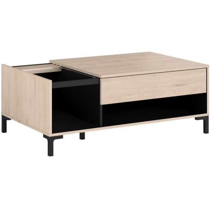 PARISOT Table basse plateau en verre 1 Tiroir - Décor Chêne Jackson et Noir - LXHXP: L 110 x P 67 x 42.5 cm - TOKYO