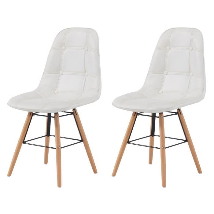 HEMA Lot de 2 chaises de salle à manger - Simili blanc et pieds en hêtre massif - Scandinave - L 44 x P 53 cm