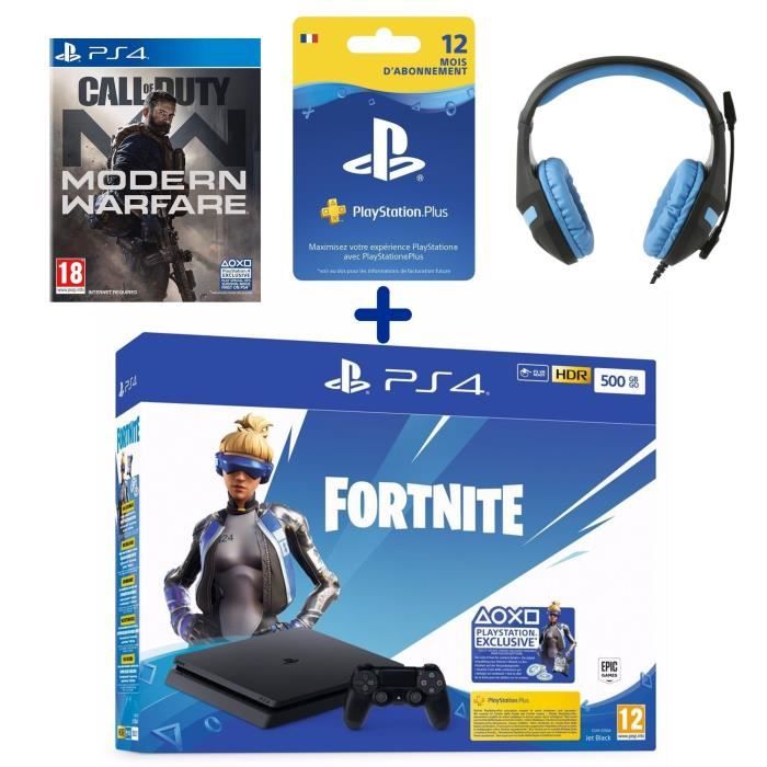 PS4 Slim 500 Go + Call Of Duty Modern Warfare + Casque Konix PS-400 Bleu + Abonnement 12 Mois PS Plus + Voucher Fortnite