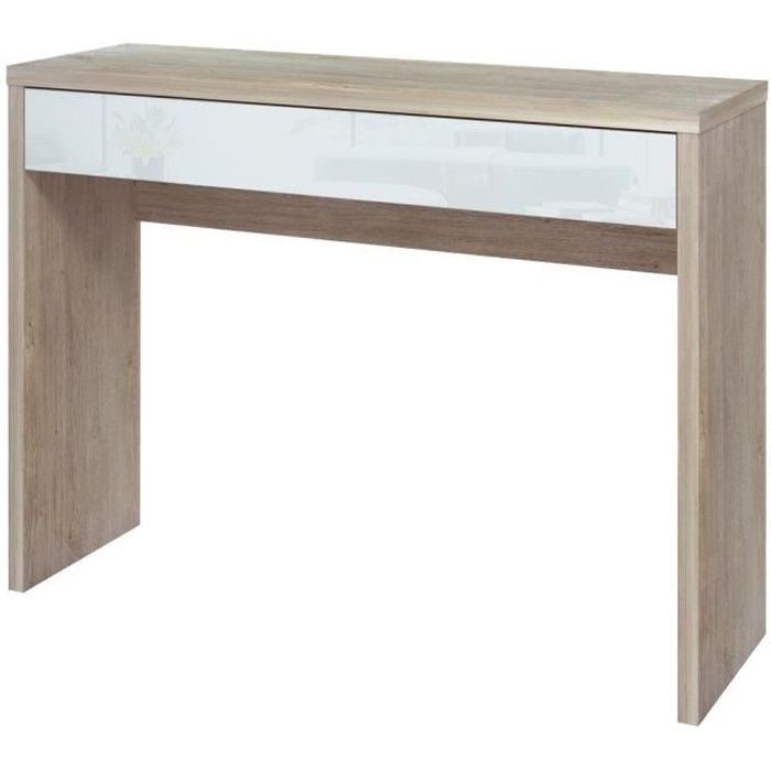 ARENA Console contemporain décor chêne blanchi et blanc brillant - L 109 cm