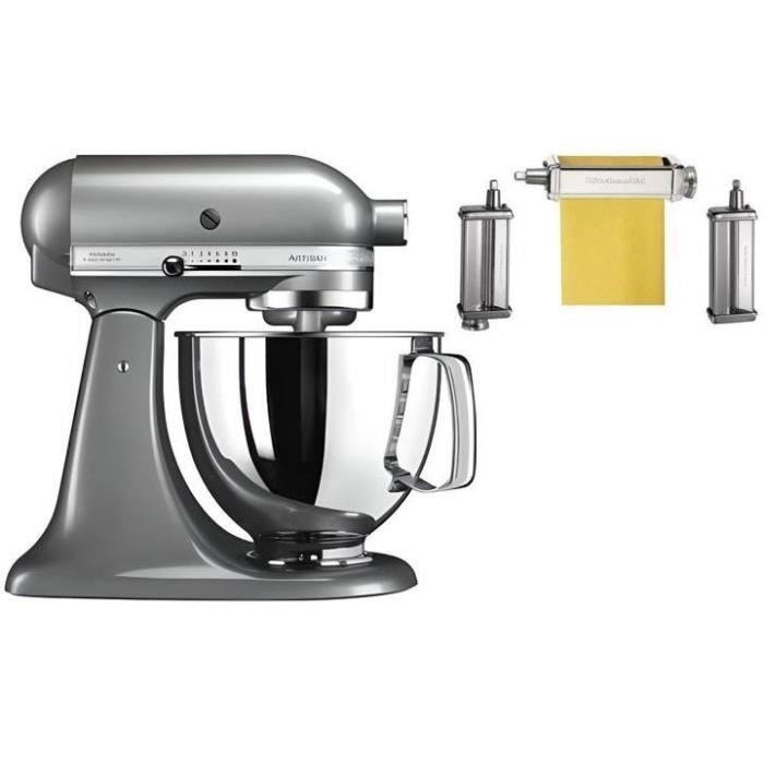 KITCHENAID 5KSM125ECU - Robot pâtissier Artisan - 4,8 L - Gris argenté + 5KSMPRA Accessoire Machine à pates