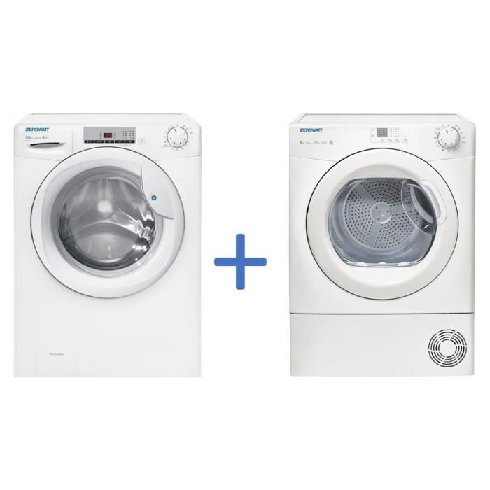 Pack lave-linge hublot ZEROWATT OZ130T-1-S - 10 kg - A+++ - 1300 trs/min + Sèche-linge condensation ZEROWATT - ETDC8LG-S - 8 kg - B