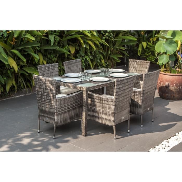 Ensemble repas de jardin 6 personnes -table 150x90cm + 6 fauteuils avec coussins- Plateau verre trempé et résine tressée- Gris- BORA