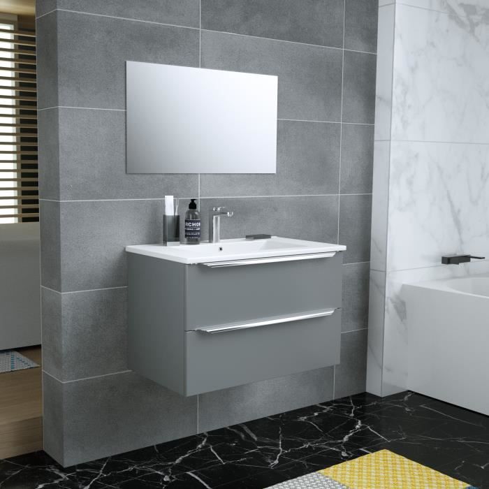 ZOOM meuble de salle de bain simple vasque avec miroir L 80cm - 2 tiroirs à fermeture ralenties - Gr