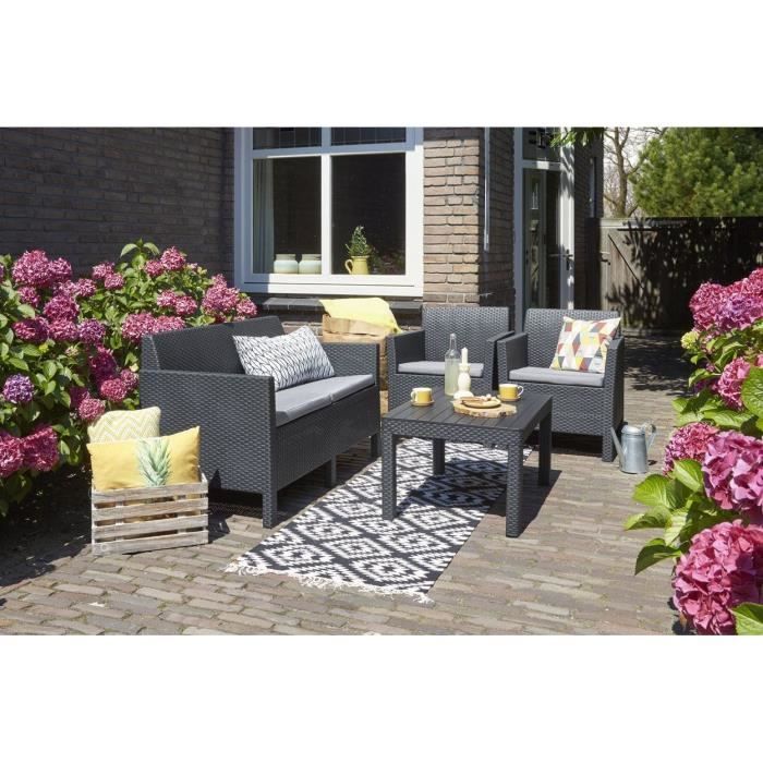 ORLANDO Salon de jardin 4 places en imitation résine tressée - 1 canapé, 2 fauteuils et une table basse rectangulaire - Graphite